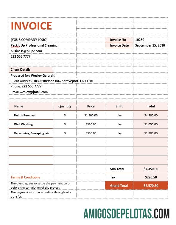 imprimível Modelo de fatura de contrato de serviços de limpeza